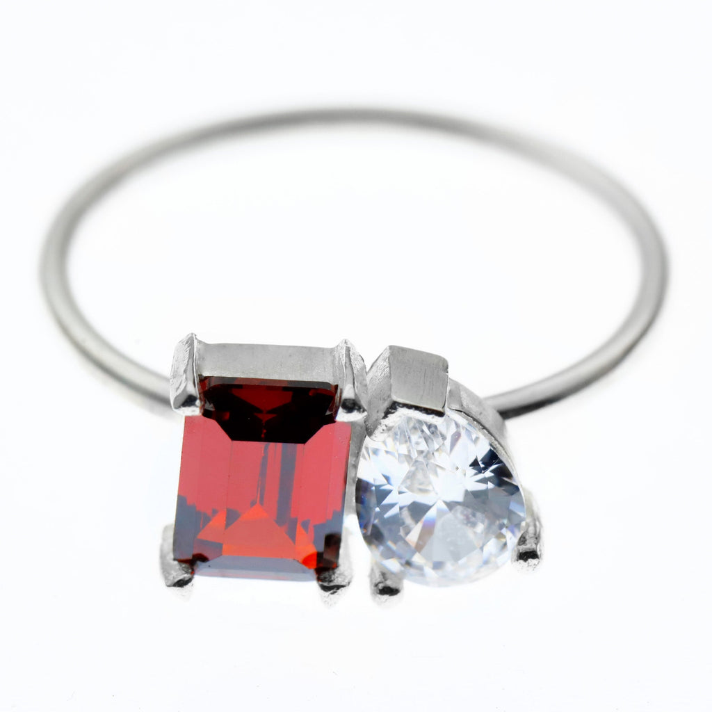 Toi Et Moi Double Birthstone Ring - Sterling Silver Heart & Baguette Design