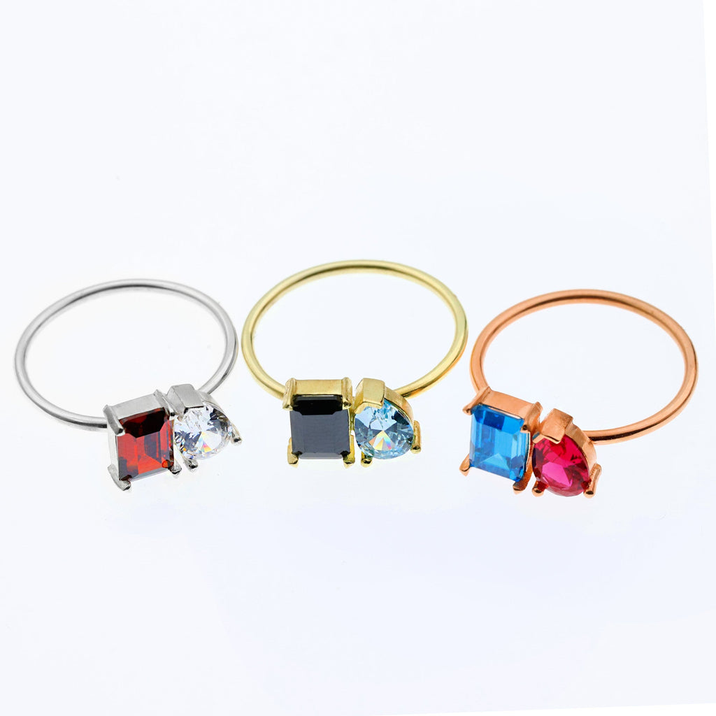 Toi Et Moi Double Birthstone Ring - Sterling Silver Heart & Baguette Design