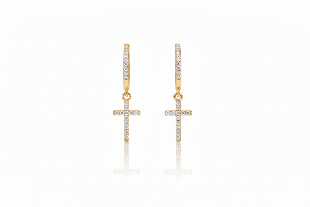 Cross Huggie Hoop Earrings with Dazzling CZ Diamonds