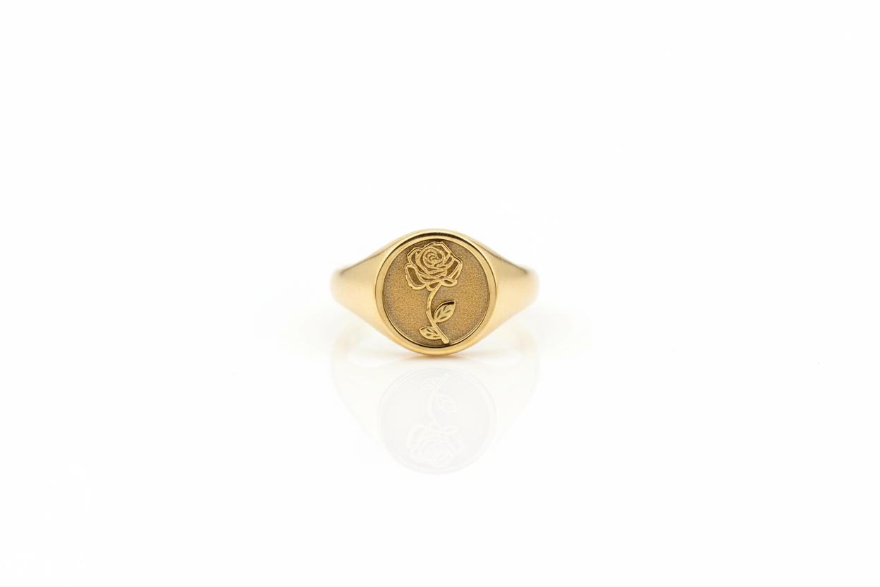 Birth Flower Signet Ring - Personalized Floral Engraving Jewelry