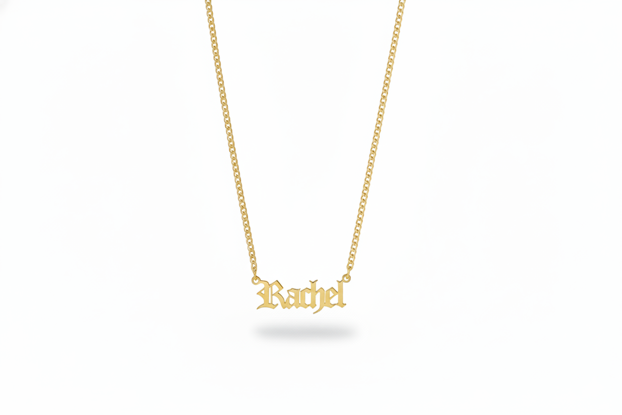 Gothic Old English Name Necklace with Curb Chain in 925 Sterling Silver
