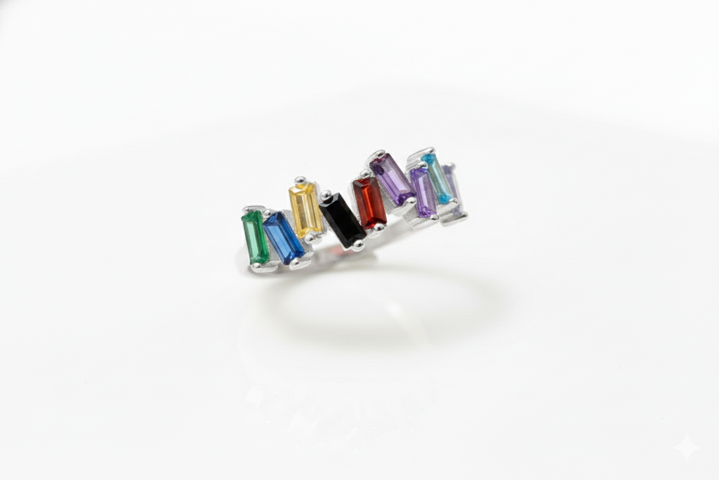 Dainty Baguette Ring with Multicolor Gemstones in 925 Sterling Silver