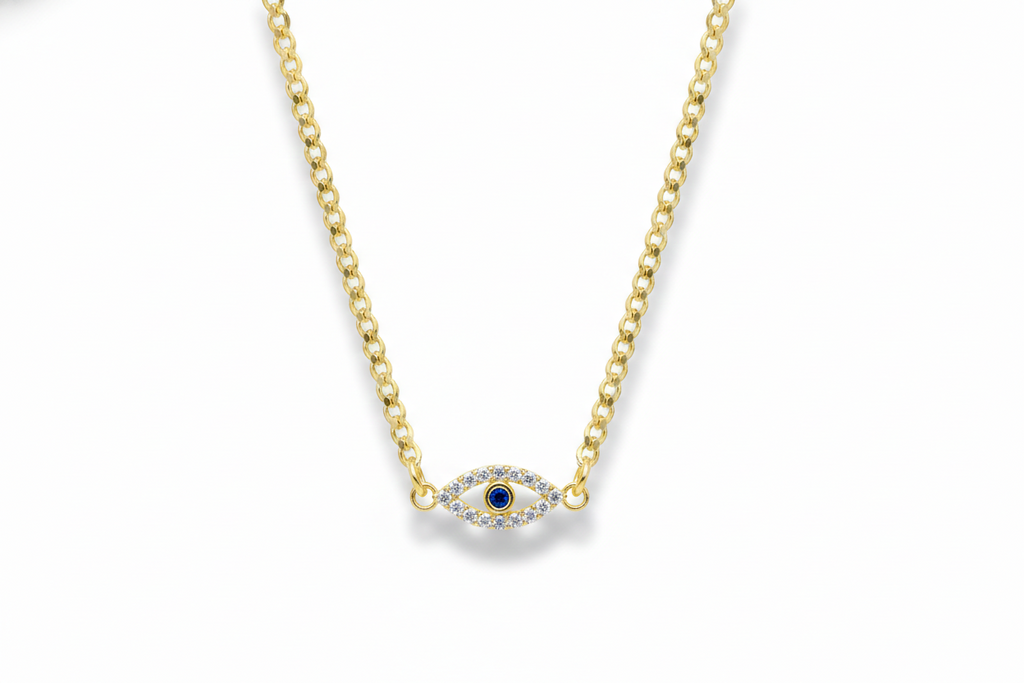 Evil Eye Charm Necklace with Curb Chain in 925 Sterling Silver