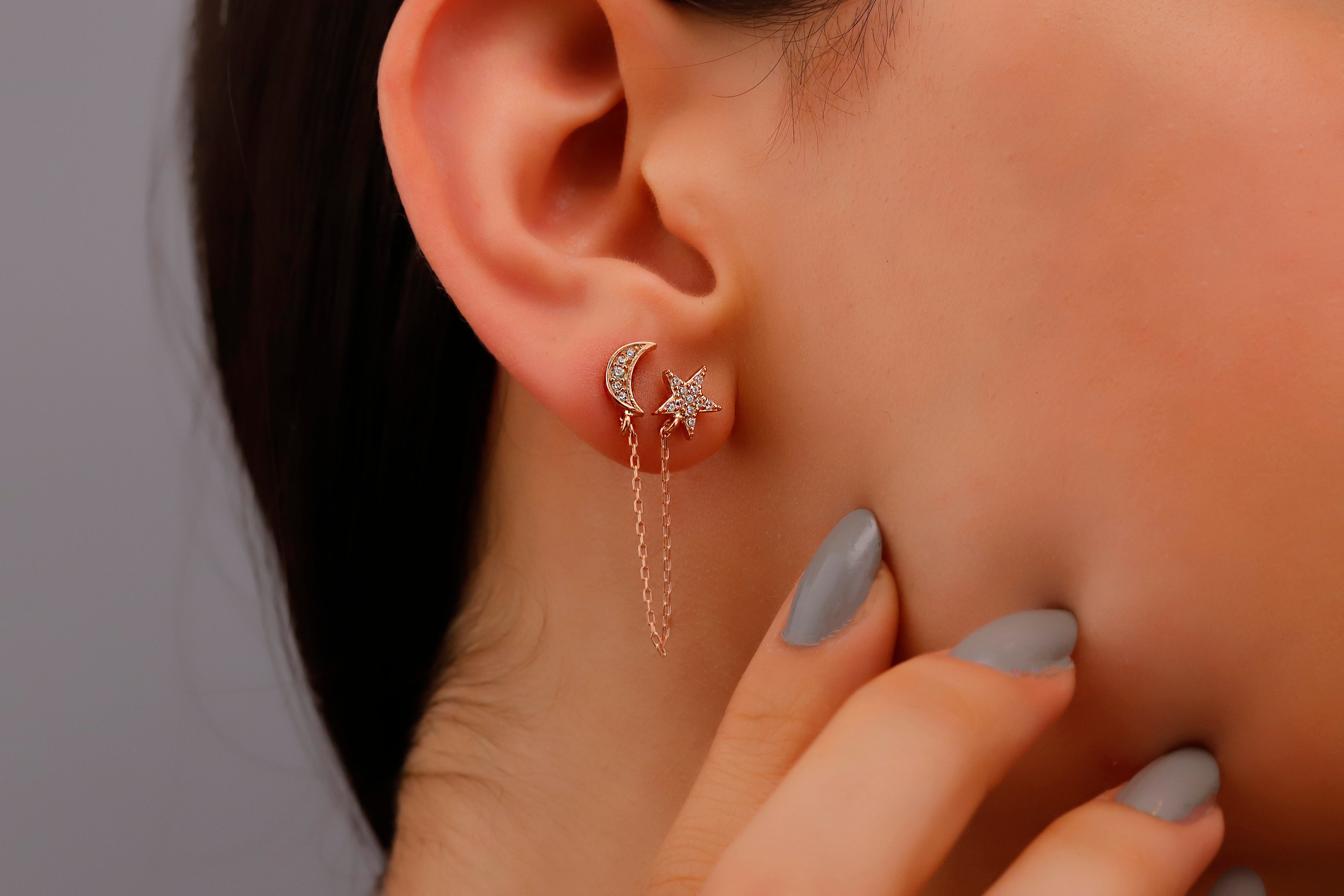Aurora Jewelry Waterproof Gold Pave Star & Moon Earrings with Sparkling CZ Diamonds