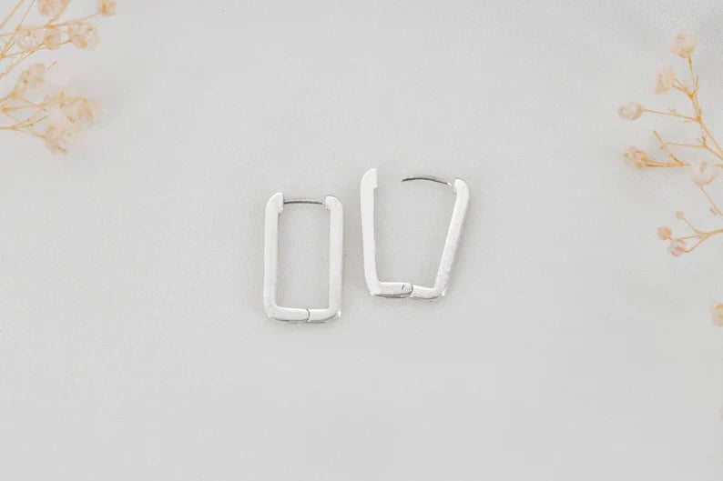 Silver Luxe Rectangle Link Huggie Hoop Earrings - Dazzling Sterling Silver Design