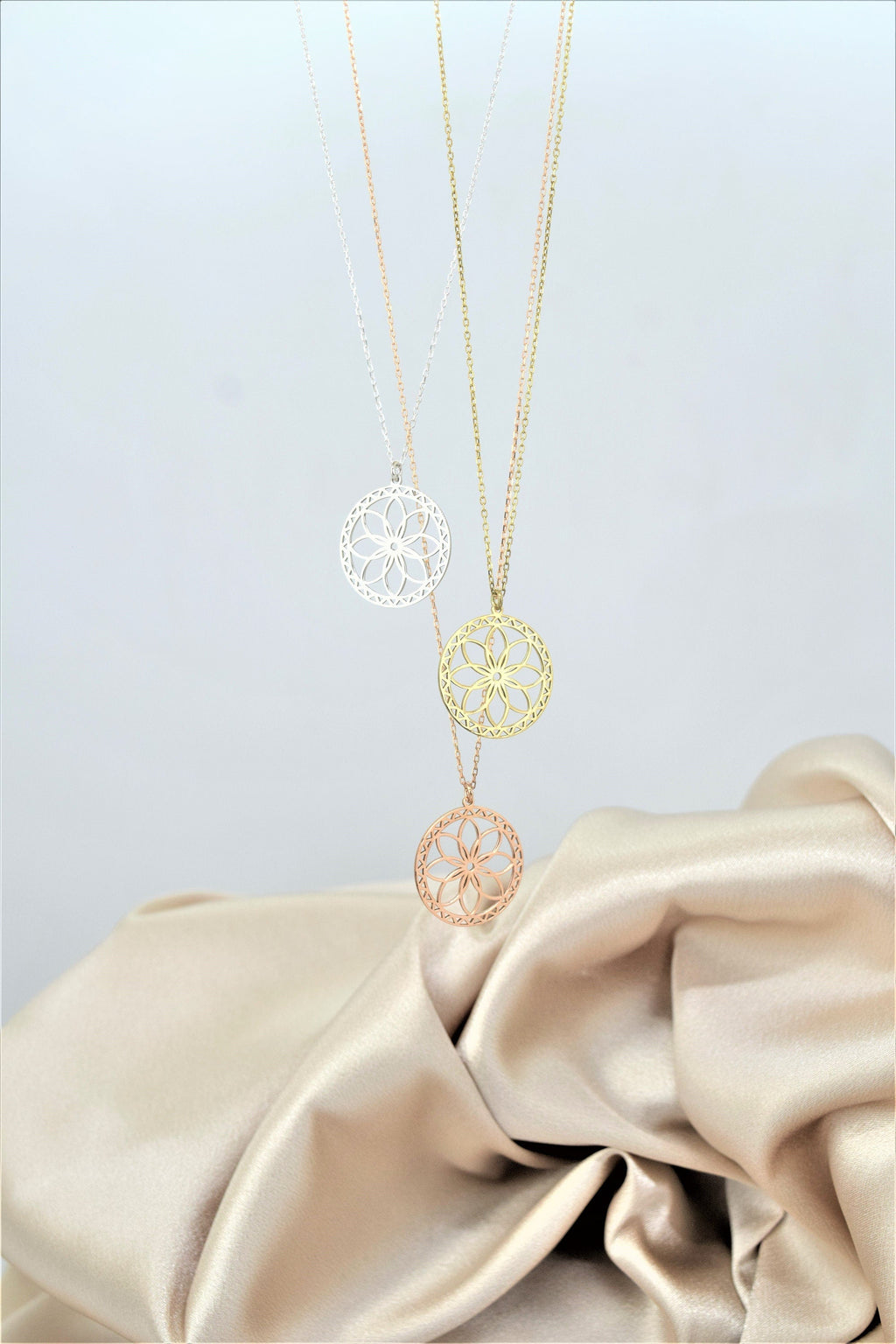 Mandala Necklace - Gold Sacred Geometry Seed of Life - Spiritual Jewelry for Yoga Lovers in Sterling Silver, Rose, and Gold