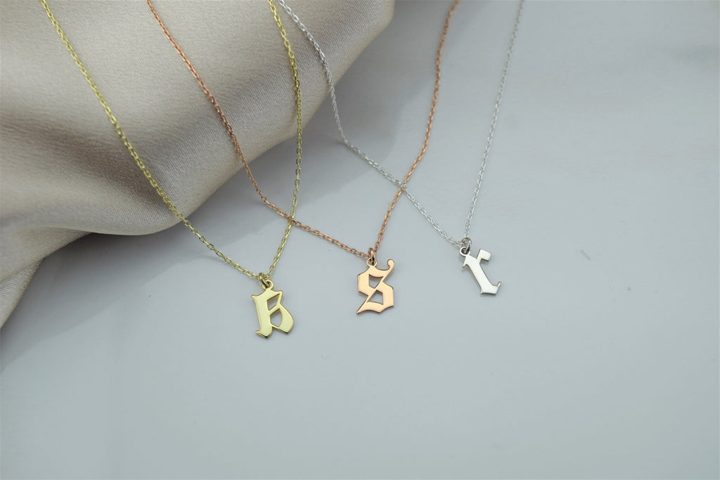 Solid Gold Old English Initial Necklace – Dainty Handmade Letter Pendant in Gold