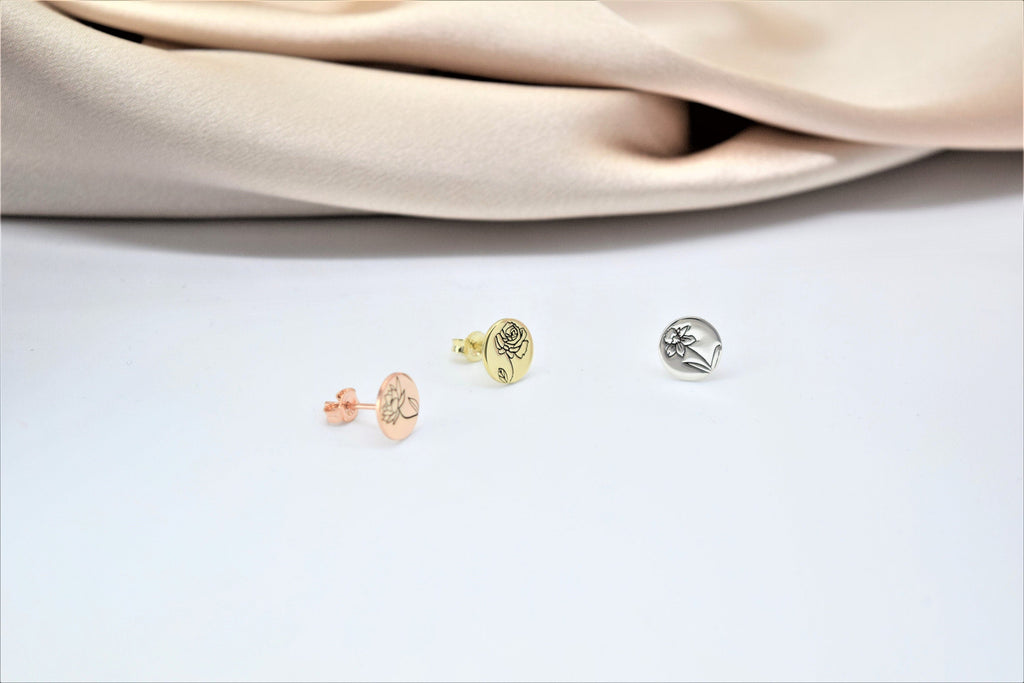 Bloomin' Gifts Personalized Birth Flower Earrings - Custom Floral Signet in Silver, Gold & Rose Gold for Her