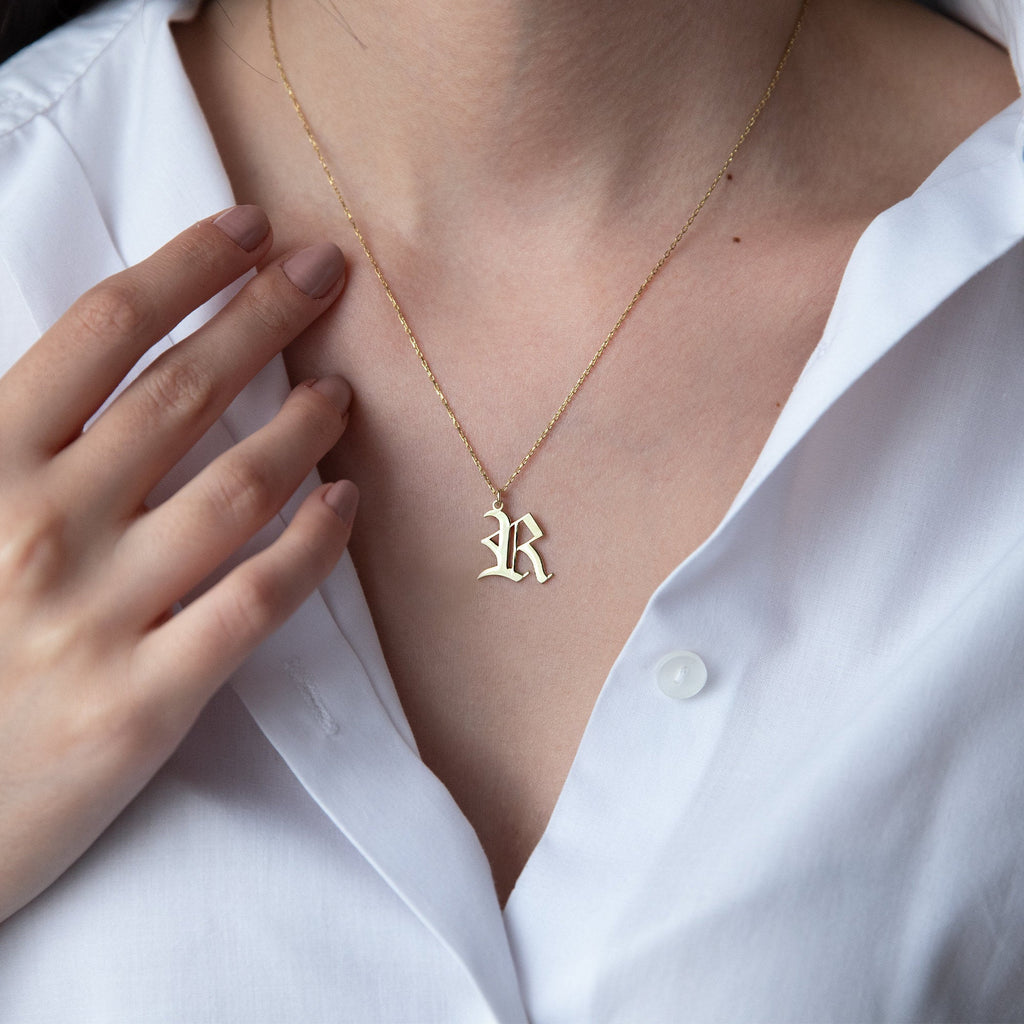 Solid Gold Old English Initial Necklace – Dainty Handmade Letter Pendant in Gold