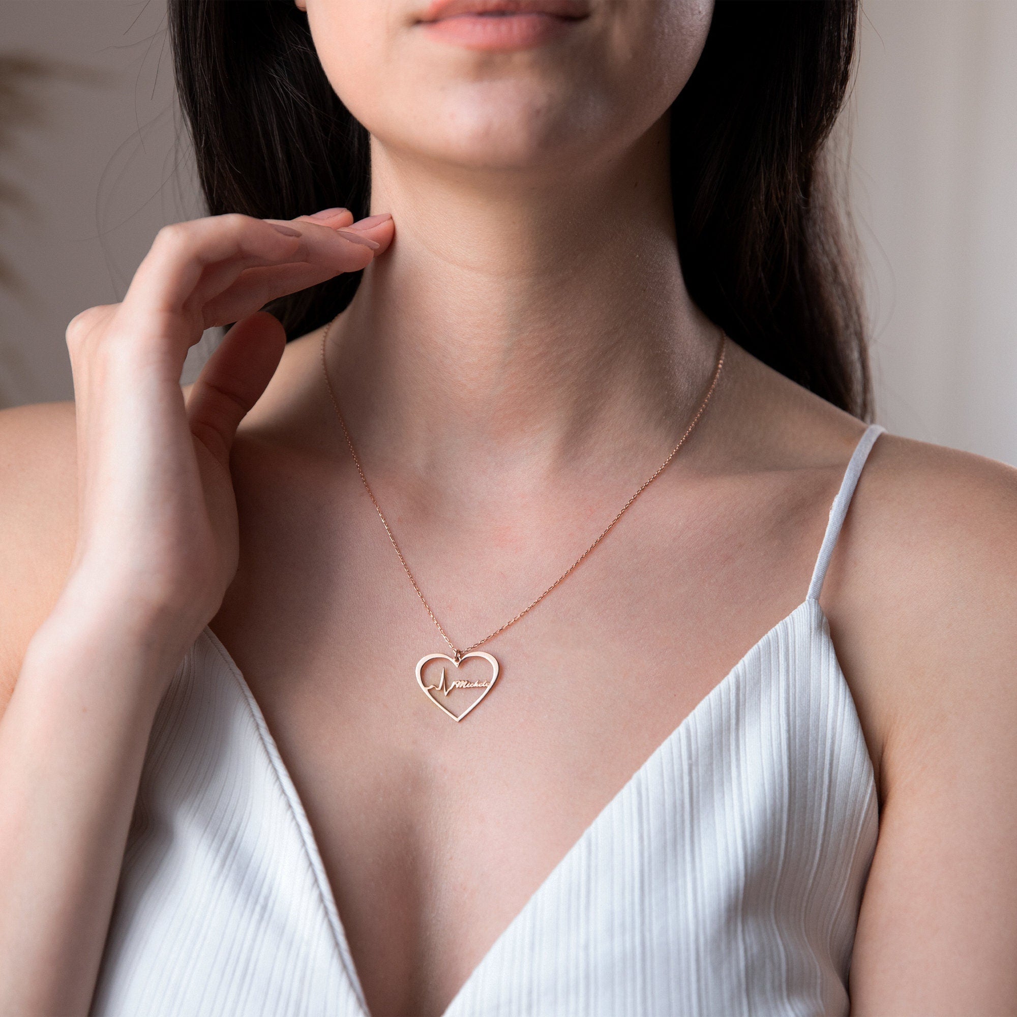 SilverGoldandRose Personalized Heartbeat Necklace - 8K Solid Gold Custom EKG Keepsake
