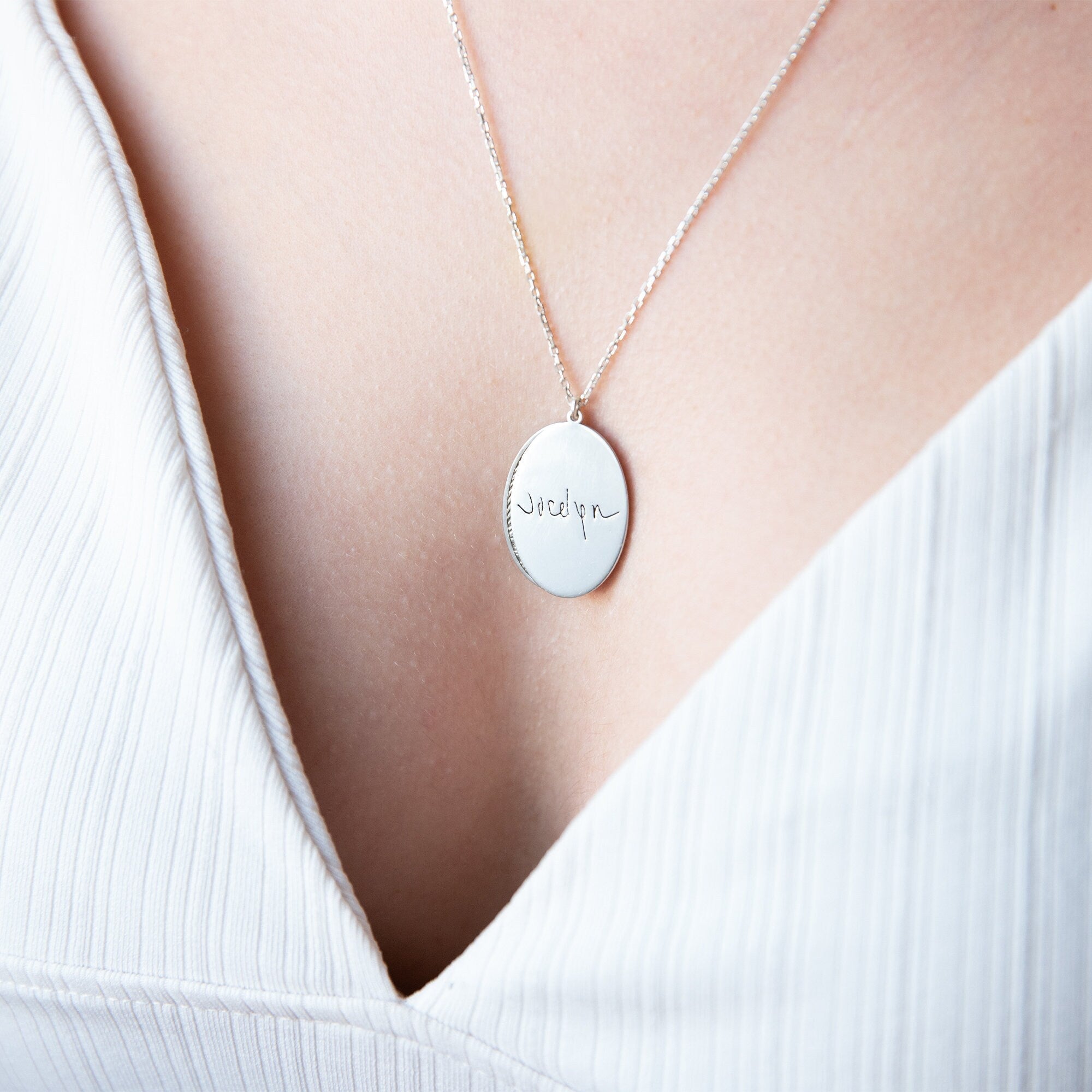 Personalized Fingerprint & Handwriting Keepsake Necklace | Custom Oval Memorial in Sterling Silver, Gold, Rose
