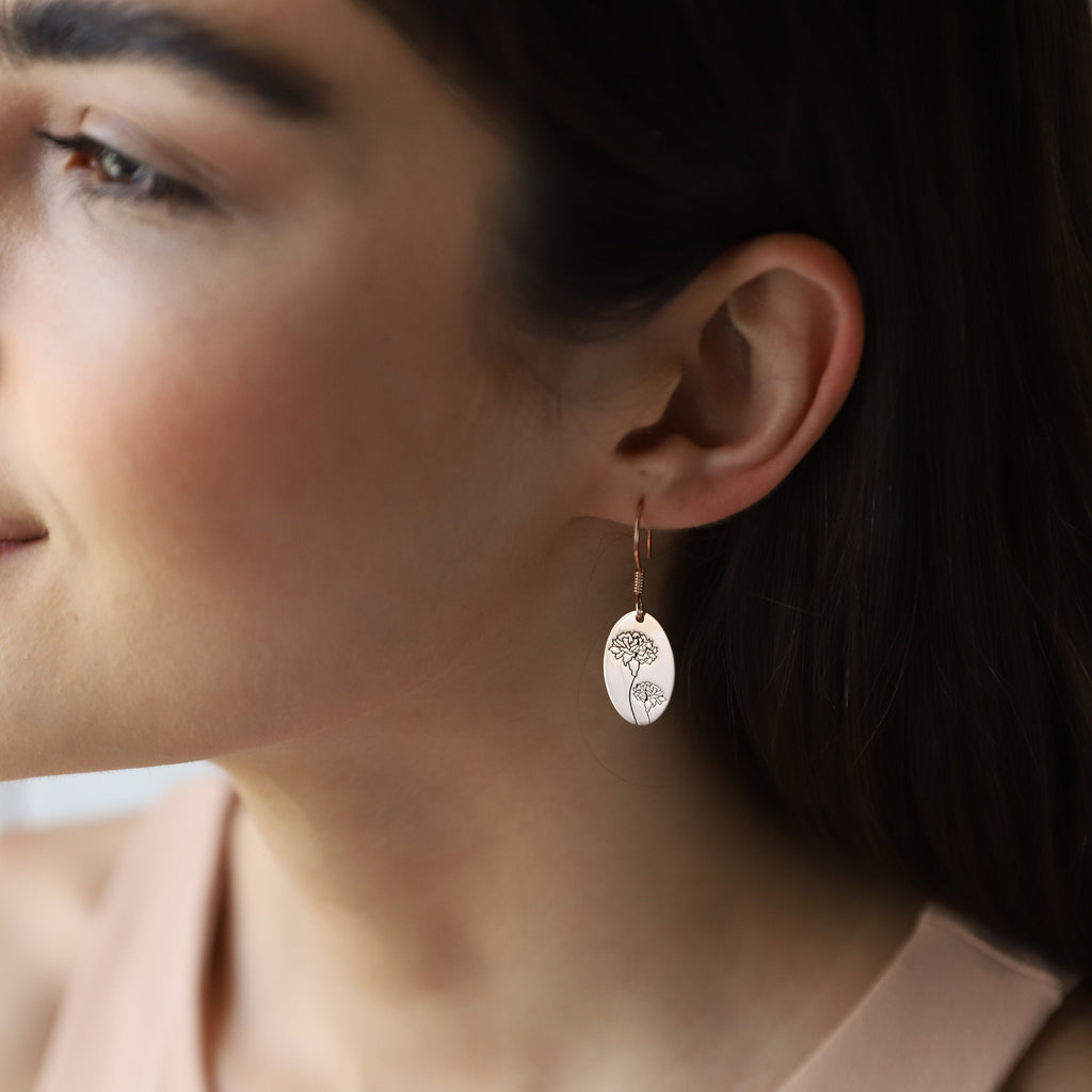 Dainty Dangle Birth Flower Earrings | 14K Rose Gold Floral Charms | Personalized Handmade Jewelry