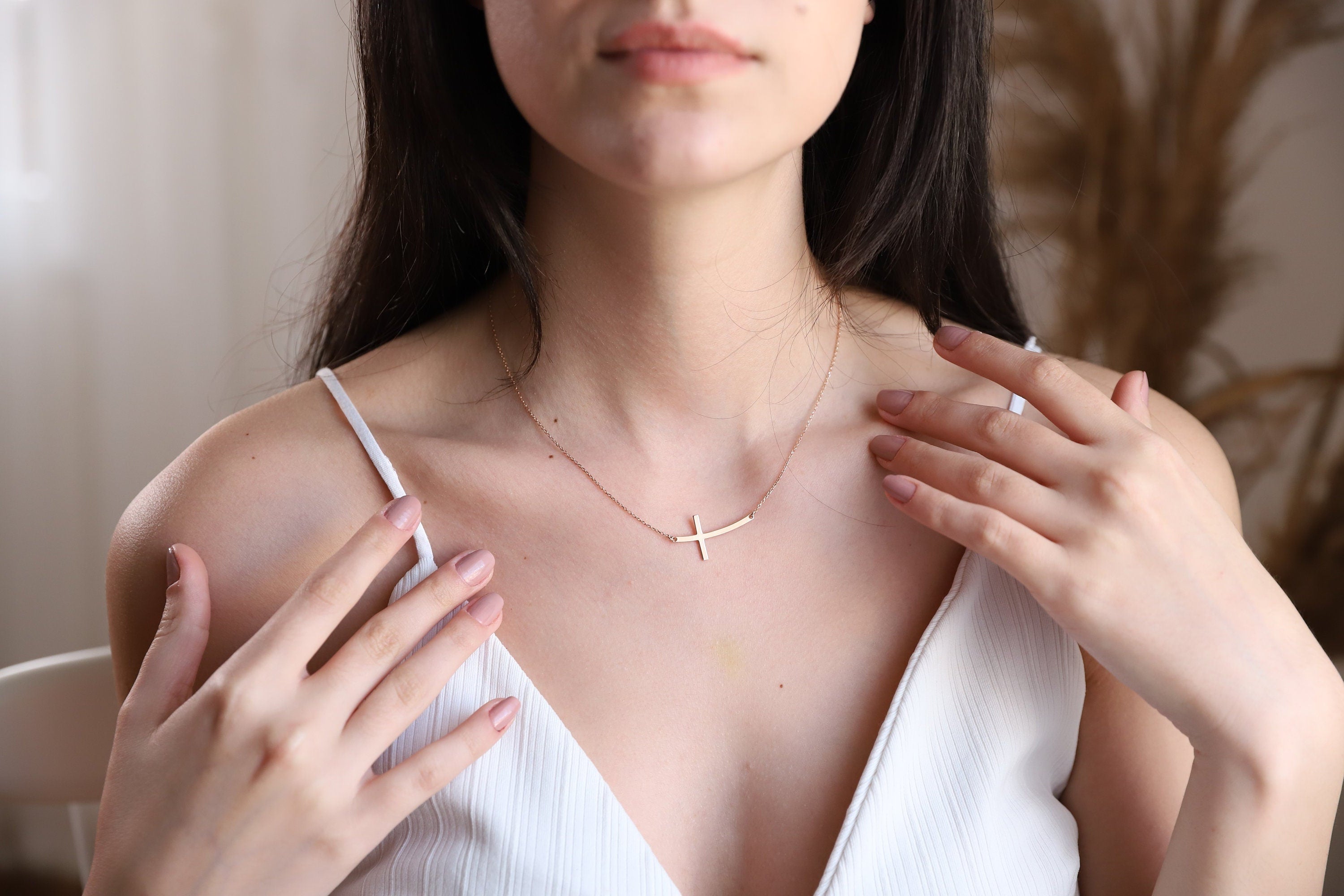 Shimmering Sterling Silver Cross Necklace - Dainty Minimalist Design for Her
