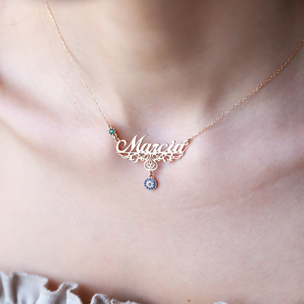 SilverGoldandRose Personalized Evil Eye Necklace with Custom Birthstones in Gold or Silver
