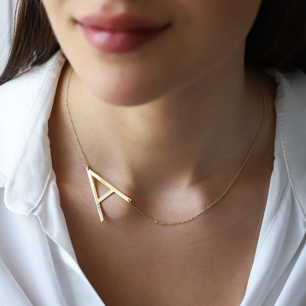 Gold & Grace Sideways 8K Gold Initial Necklace - Personalized Large Letter with Birthstone Charm