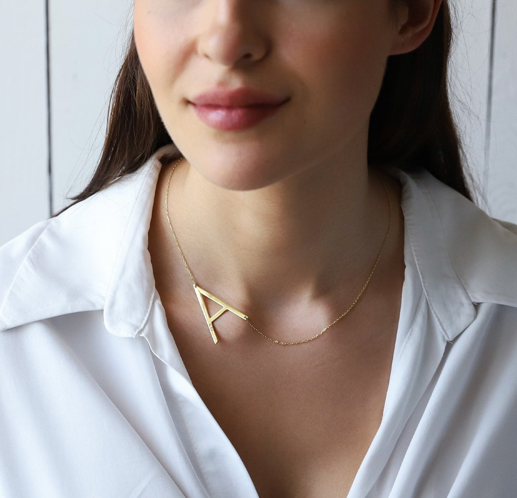 Personalized Huge Initial Necklace | Dazzling Sideways Letter Design | Unique Gift for Loved Ones