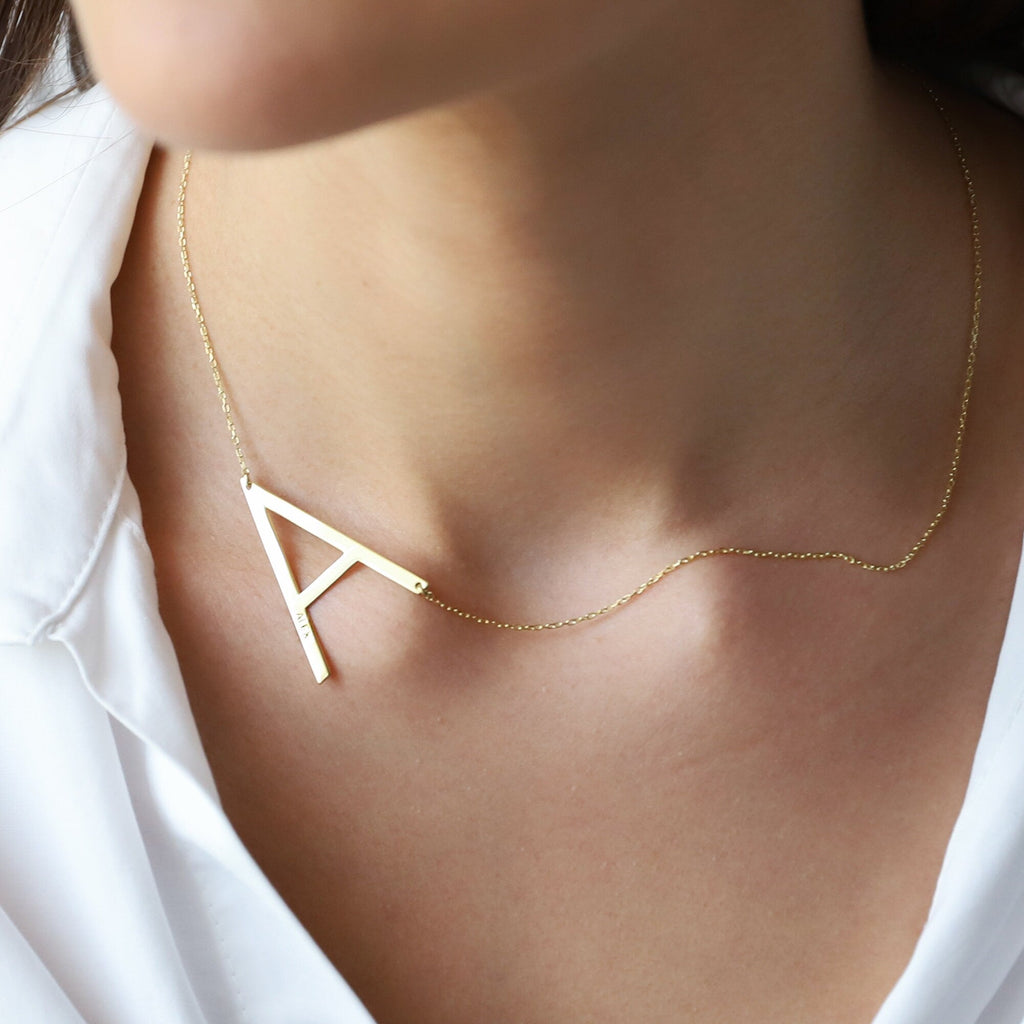 Gold & Grace Sideways 8K Gold Initial Necklace - Personalized Large Letter with Birthstone Charm