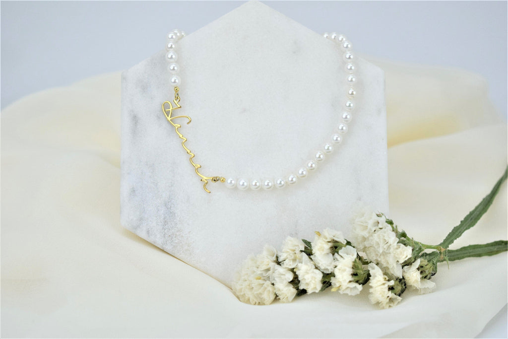 SilverGoldandRose Personalized Pearl Name Necklace - Handmade Jewelry Gift for Women