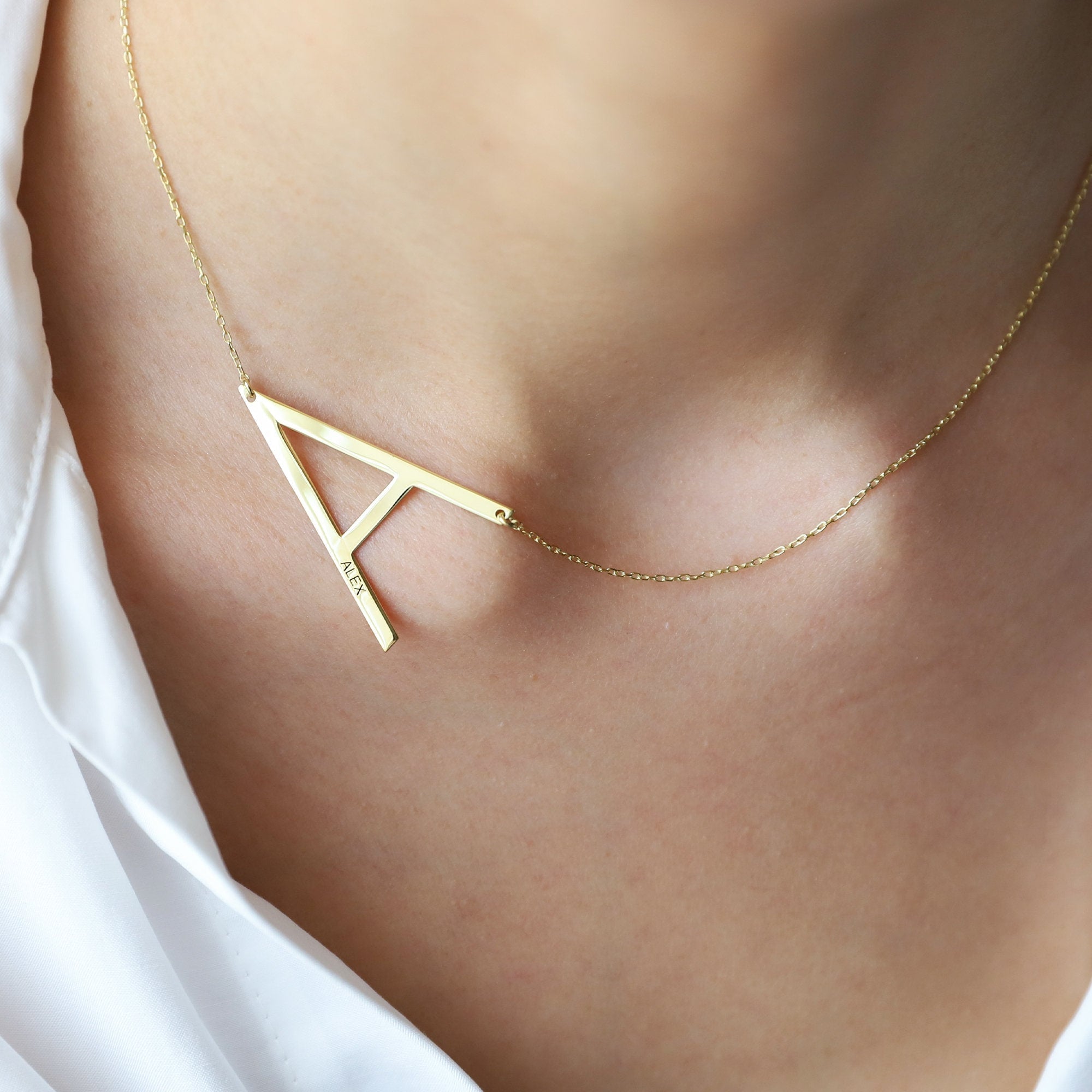 Gold & Grace Sideways 8K Gold Initial Necklace - Personalized Large Letter with Birthstone Charm