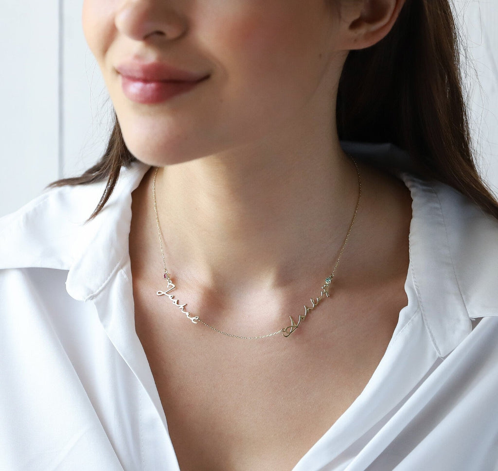 Personalized Two Name Necklace - Gold, Silver, or Rose Gold with Diamonds & Birthstones | Meaningful Jewelry