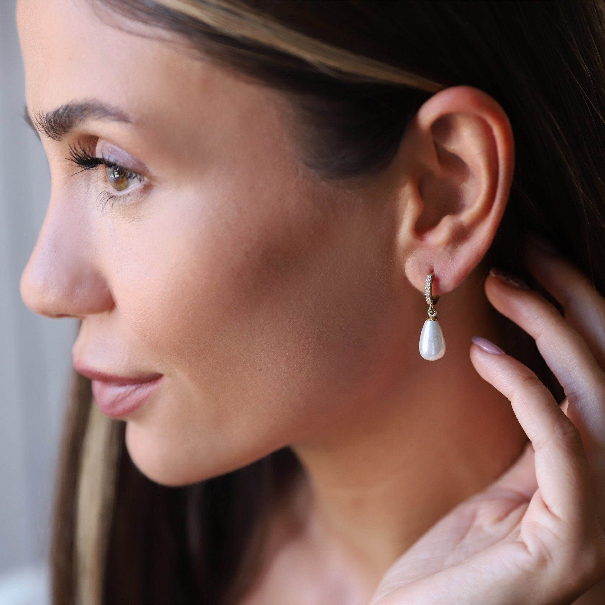 Luxe Pearl Huggie Hoops with Sparkling CZ Diamonds
