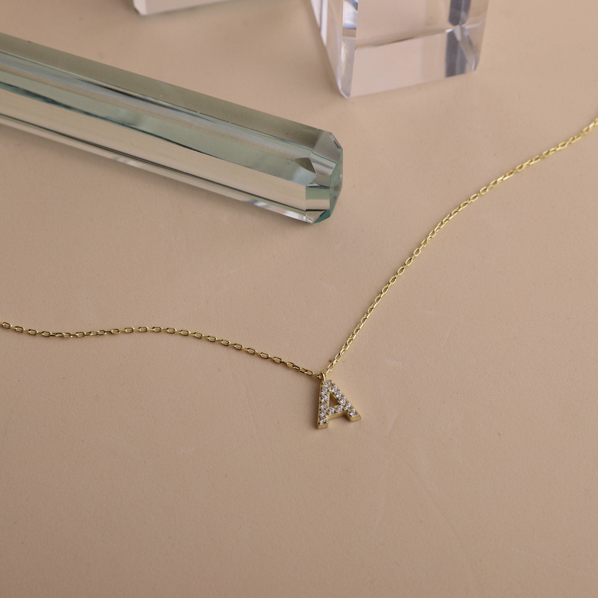 Dainty Initial CZ Diamond Dangle Necklace