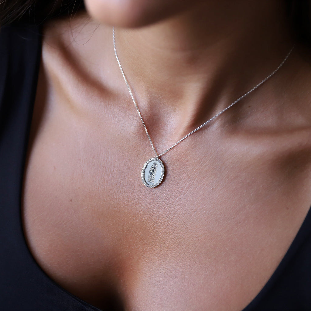 Divine Grace Virgin Mary Necklace • Silver with Cubic Zirconia • Inspirational Symbol of Faith