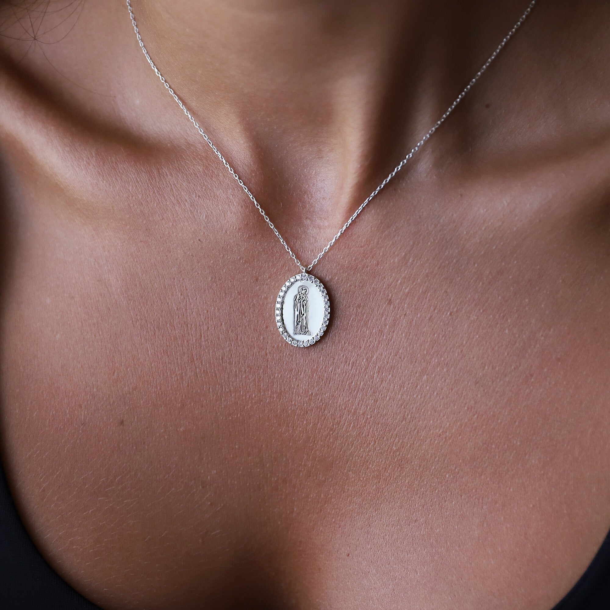 Divine Grace Virgin Mary Necklace • Silver with Cubic Zirconia • Inspirational Symbol of Faith
