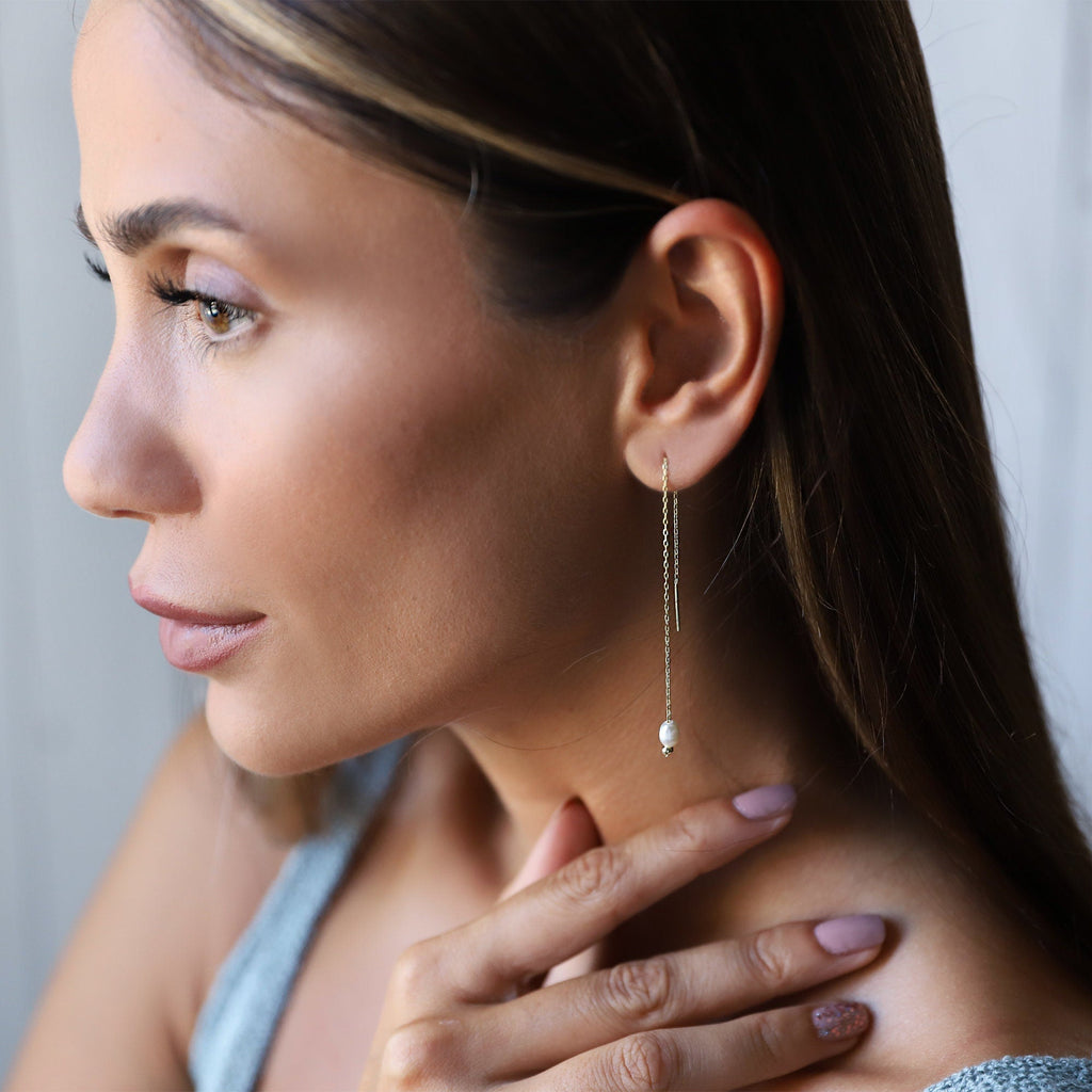 Elegant Pearl Dangle Bridal Earrings | Freshwater Long Chain Design