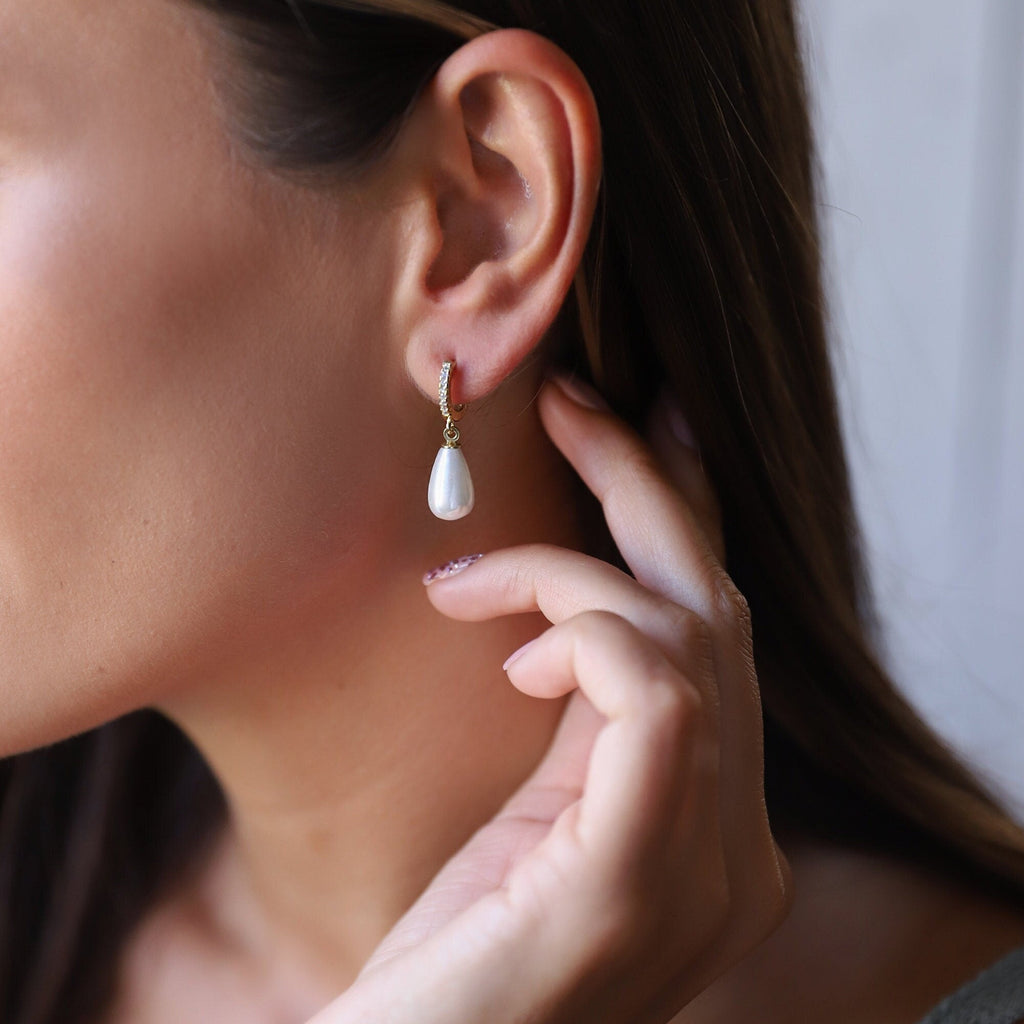 Luxe Pearl Huggie Hoops with Sparkling CZ Diamonds