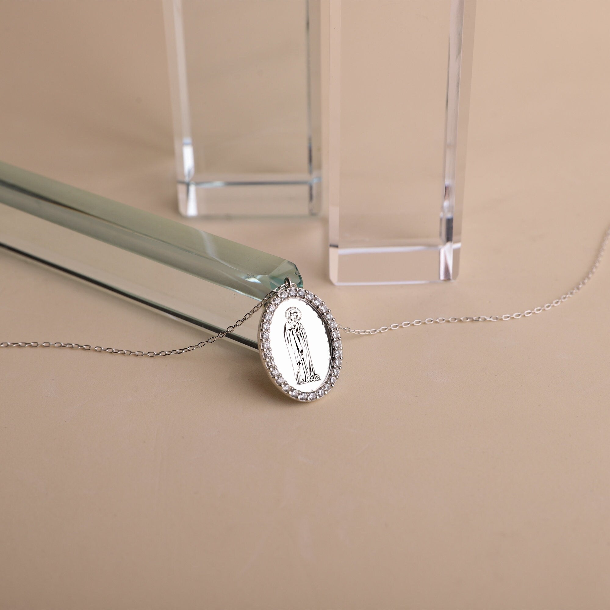 Divine Grace Virgin Mary Necklace • Silver with Cubic Zirconia • Inspirational Symbol of Faith