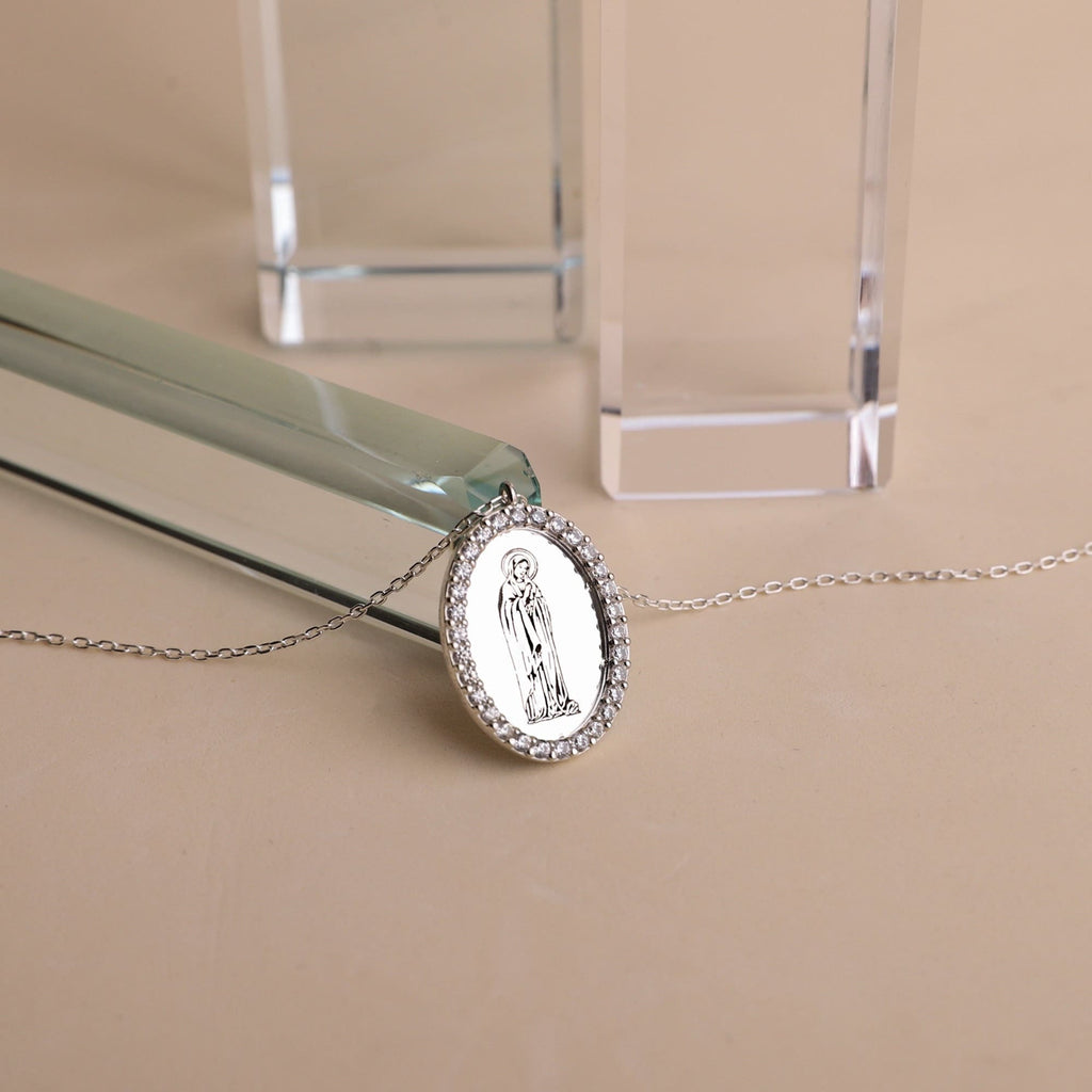 Divine Grace Virgin Mary Necklace • Silver with Cubic Zirconia • Inspirational Symbol of Faith