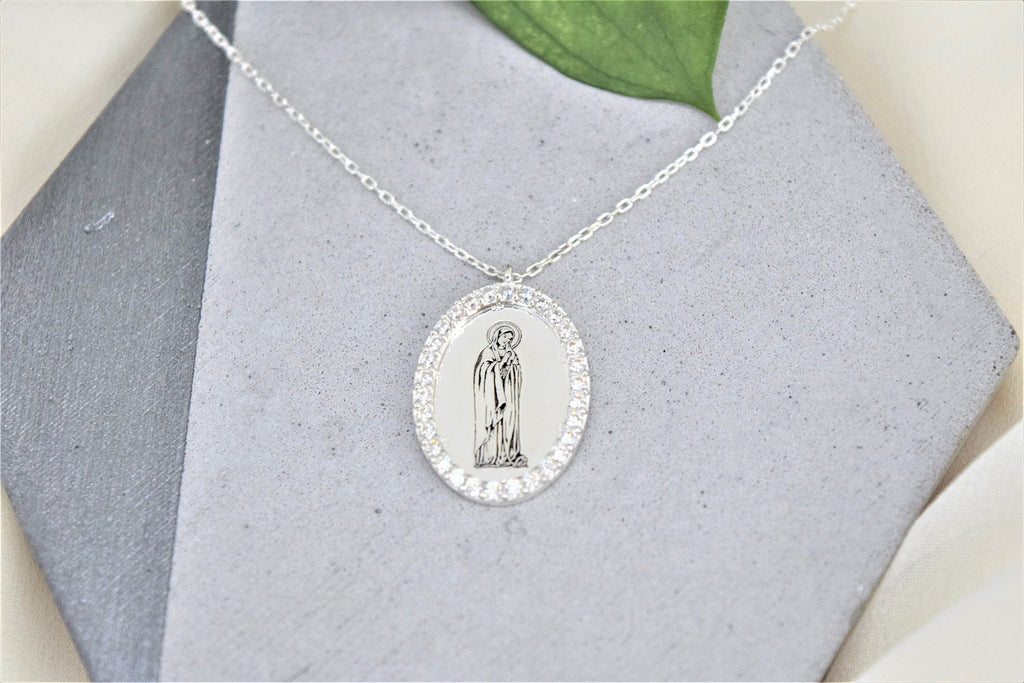 Divine Grace Virgin Mary Necklace • Silver with Cubic Zirconia • Inspirational Symbol of Faith