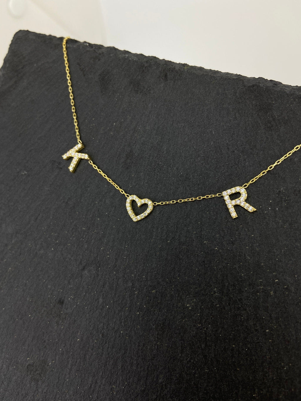 Dainty Initial Pave Necklace with Diamond Heart