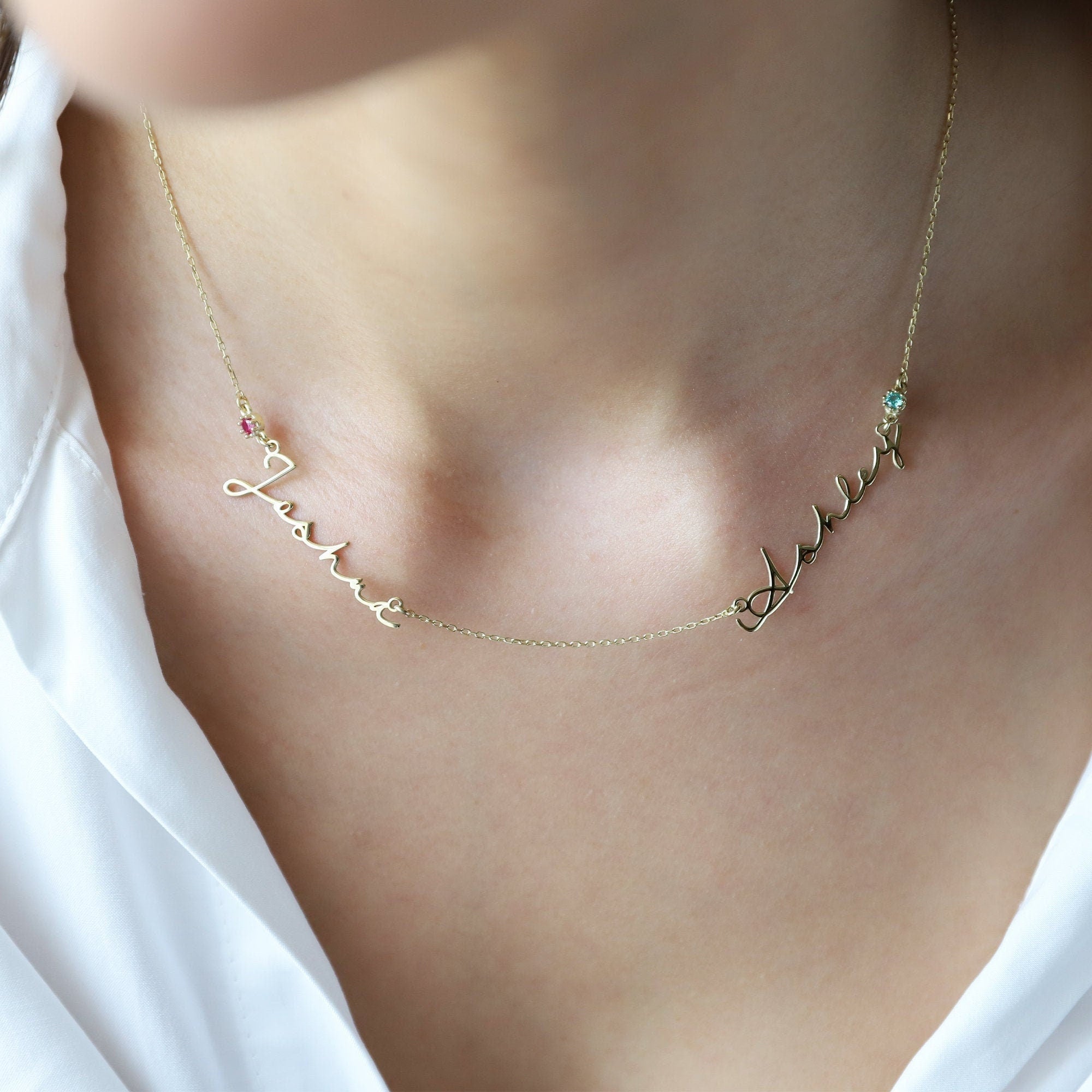 Personalized Two Name Necklace - Gold, Silver, or Rose Gold with Diamonds & Birthstones | Meaningful Jewelry
