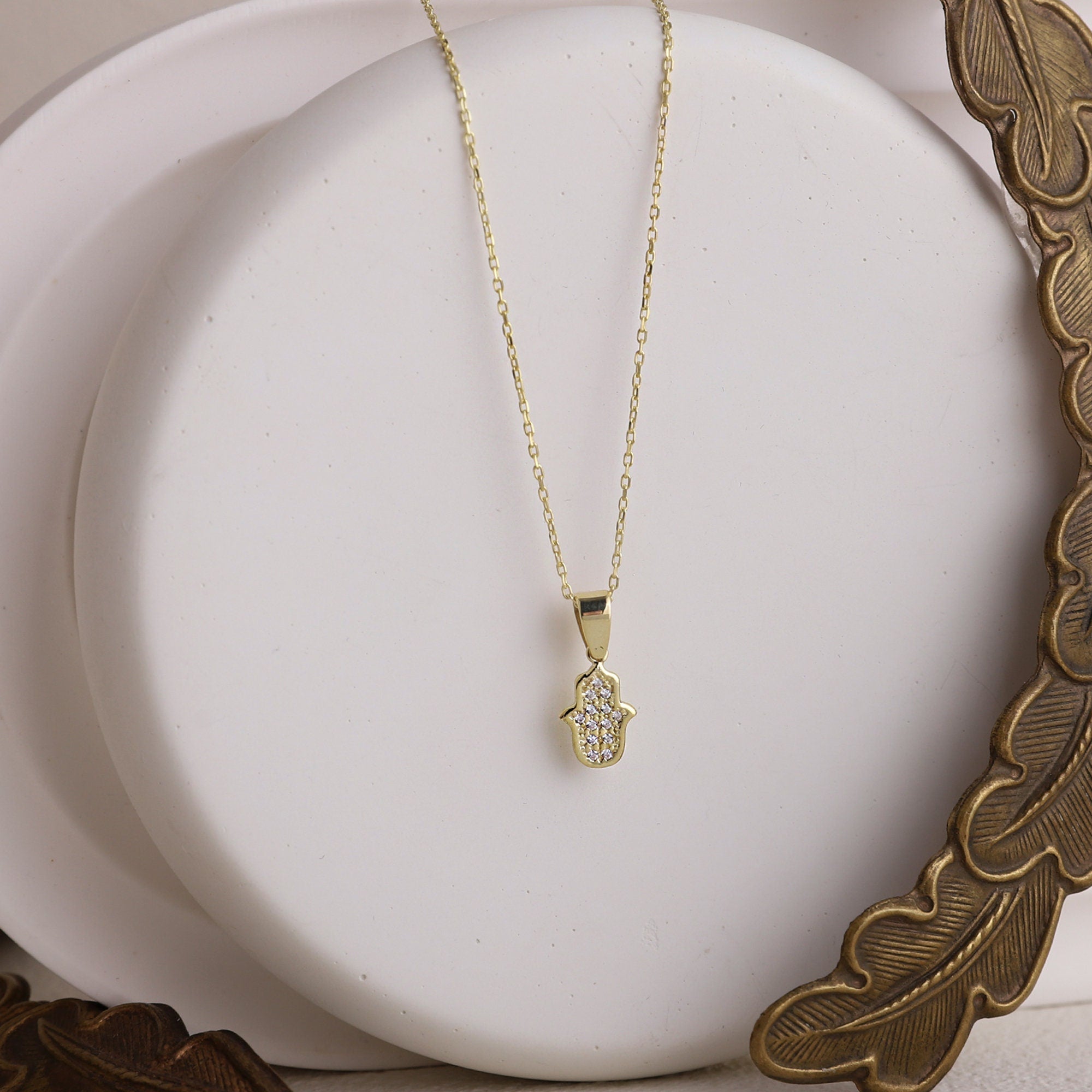 Hamsa Charm Necklace - 14K Gold Hand of Fatima with Pave CZ Diamonds, Dainty Layered Protection Jewelry