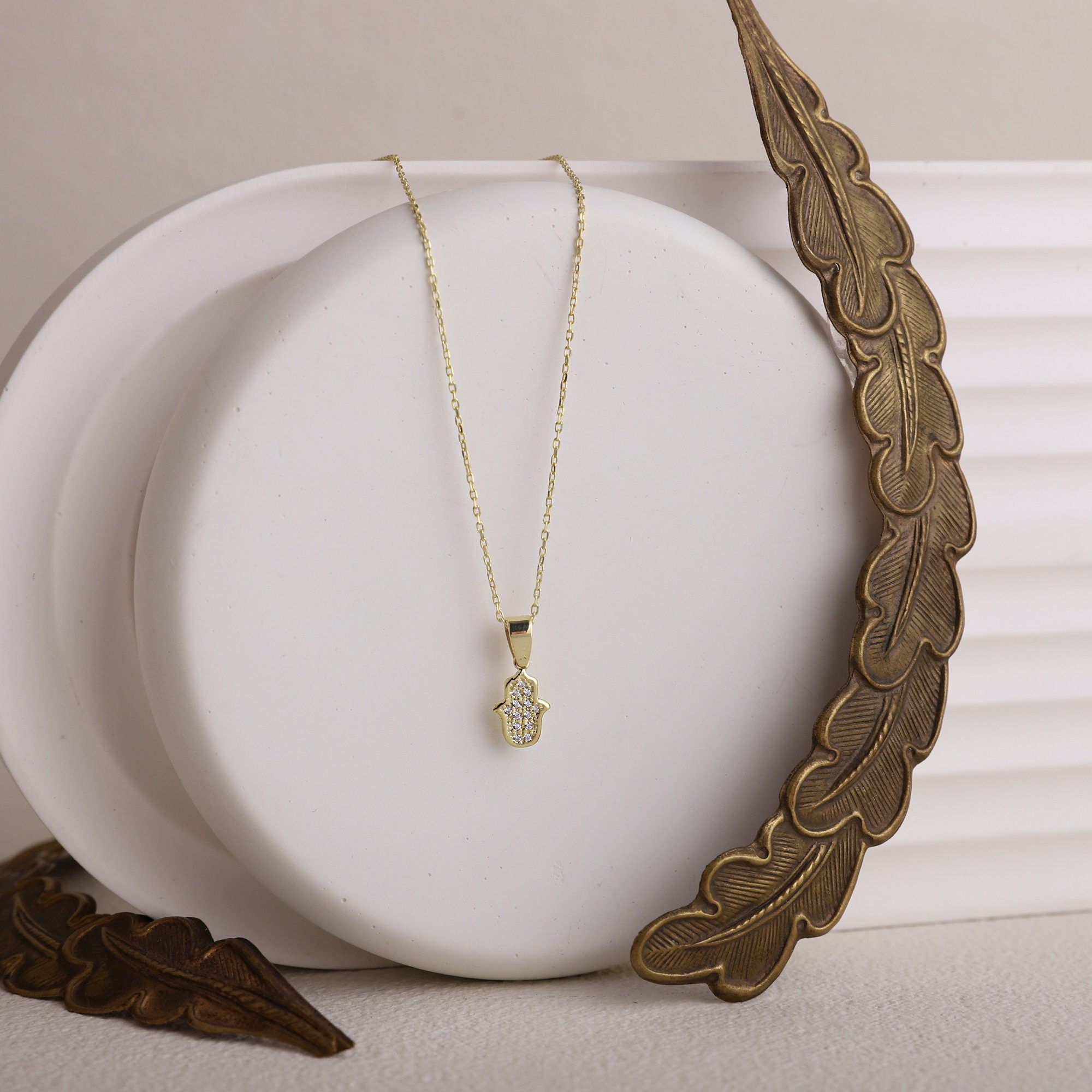 Hamsa Charm Necklace - 14K Gold Hand of Fatima with Pave CZ Diamonds, Dainty Layered Protection Jewelry
