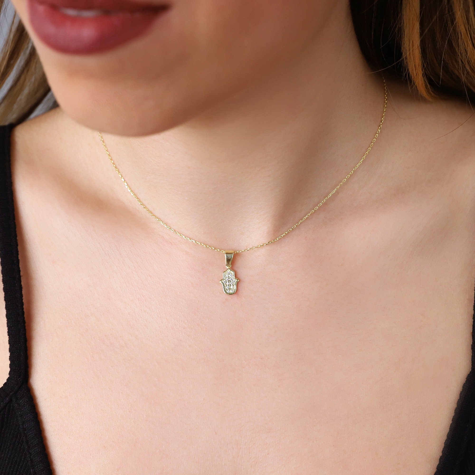 Hamsa Charm Necklace - 14K Gold Hand of Fatima with Pave CZ Diamonds, Dainty Layered Protection Jewelry
