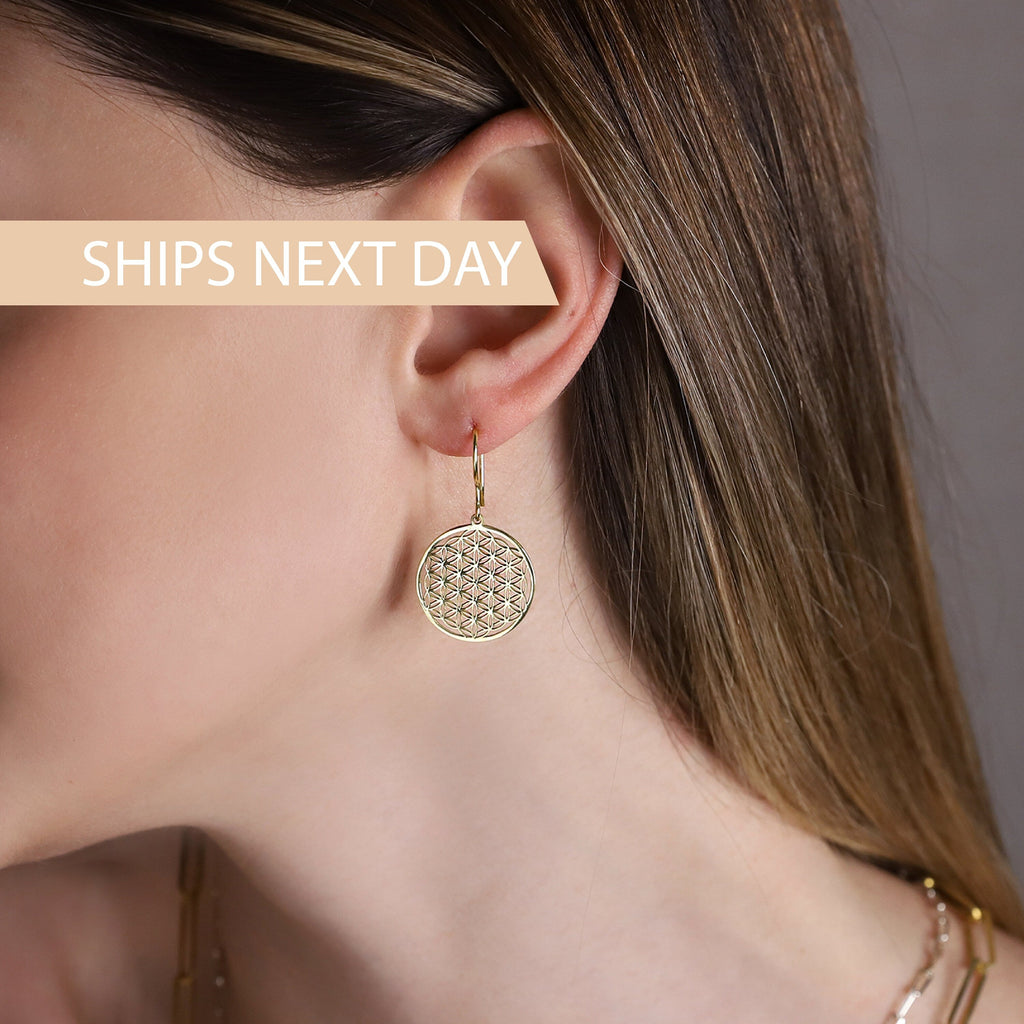 Radiant Flower of Life Earrings: Exquisite Gold, Rose, and Sterling Silver Design