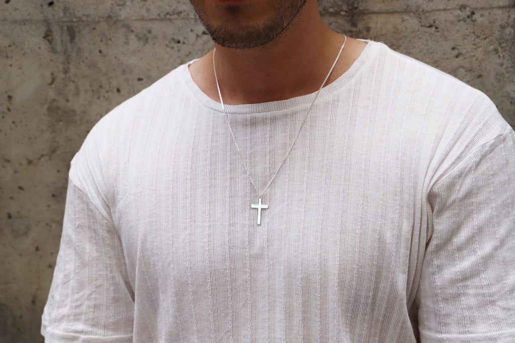 Sterling Silver Cross Pendant Necklace for Men with Curb Chain - Perfect Gift for Boyfriends, Groomsmen & Best Men
