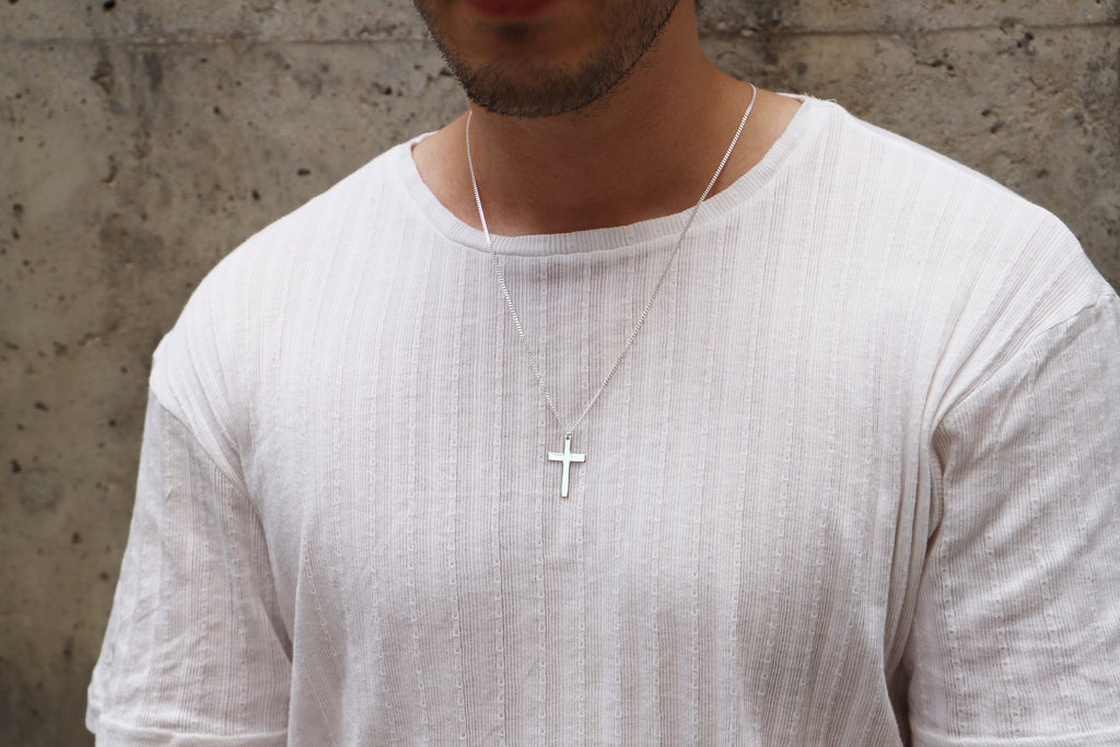 Sterling Silver Cross Pendant Necklace for Men with Curb Chain - Perfect Gift for Boyfriends, Groomsmen & Best Men