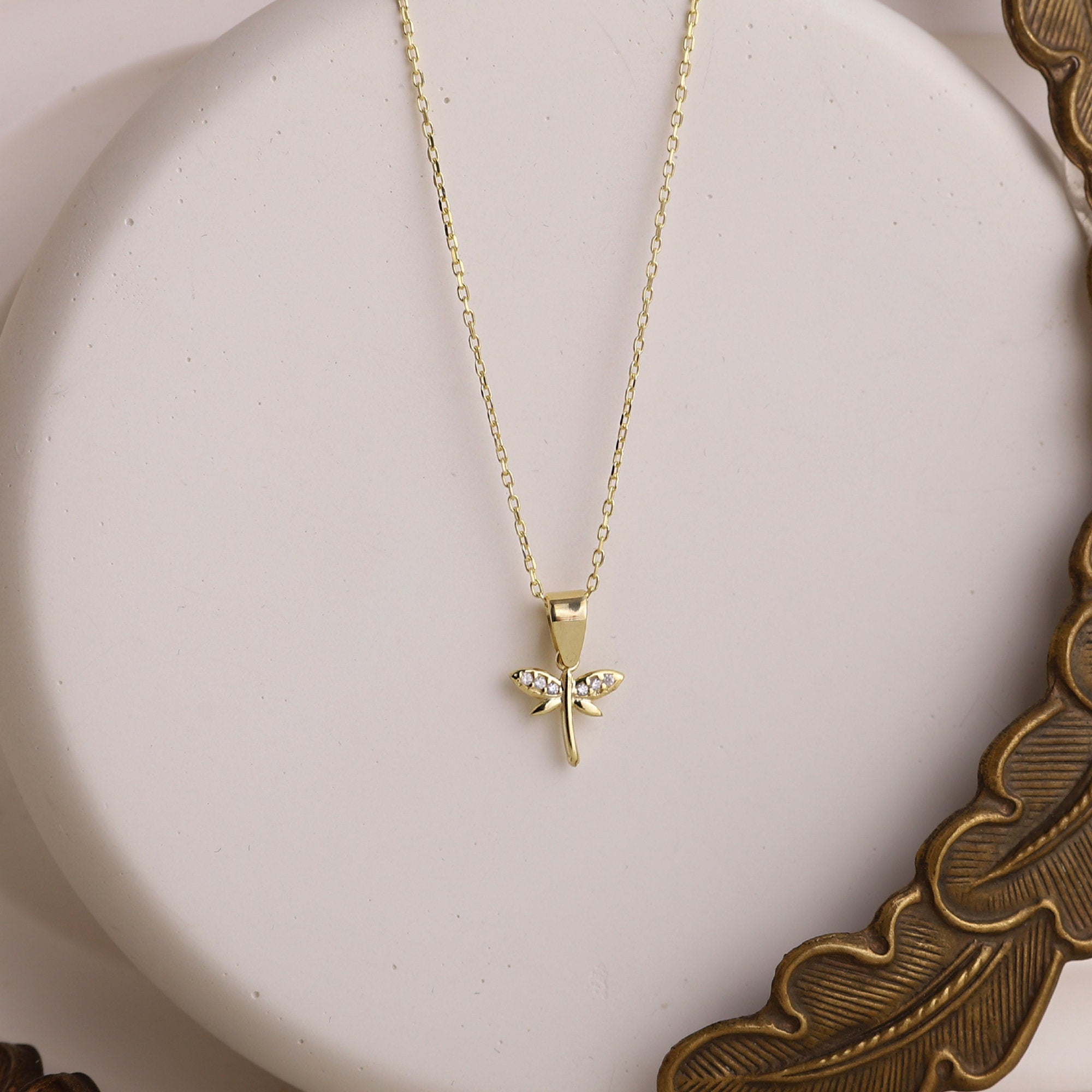Dainty Gold Dragonfly Necklace | Minimalist 14K CZ Pendant | Elegant Gift for Her