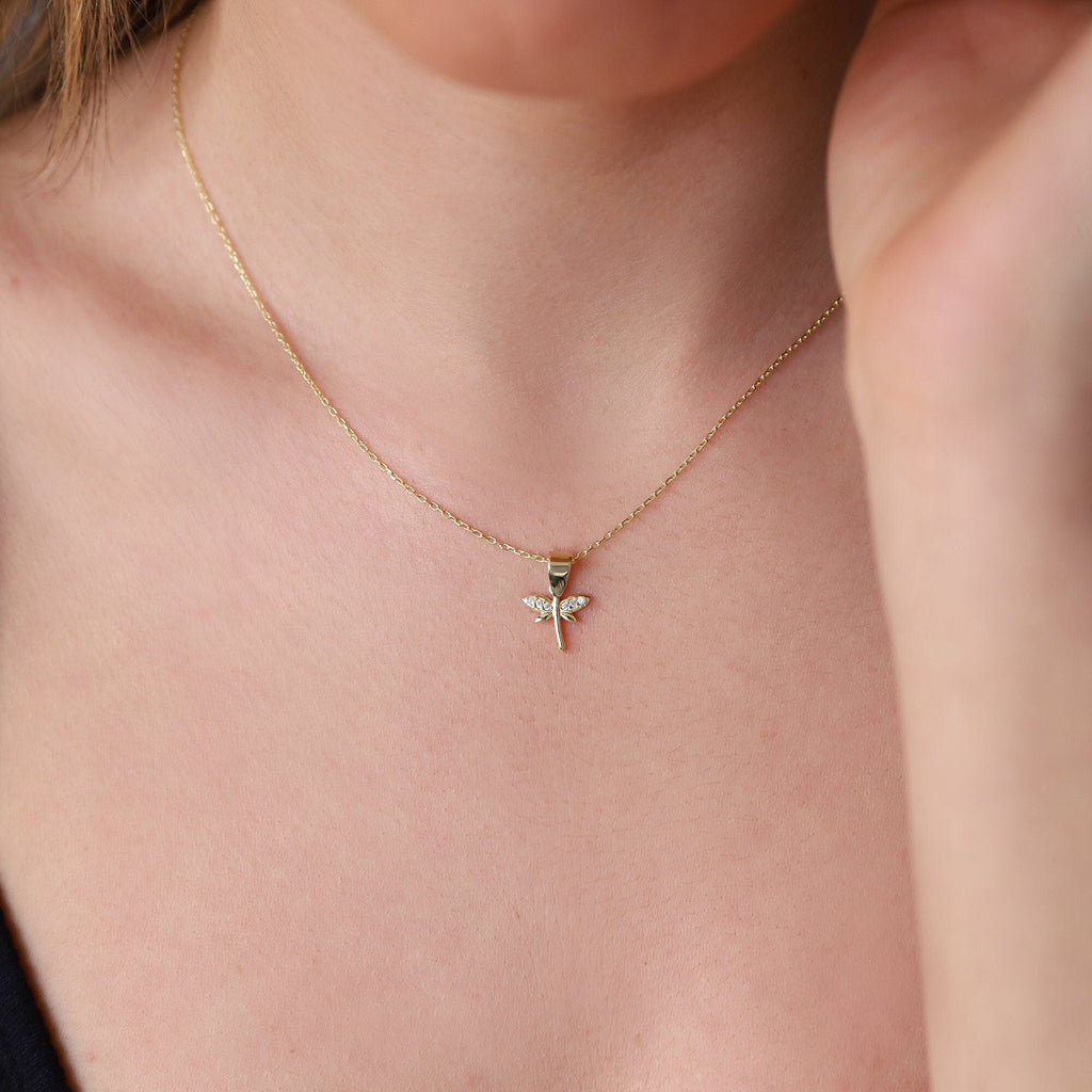 Dainty Gold Dragonfly Necklace | Minimalist 14K CZ Pendant | Elegant Gift for Her