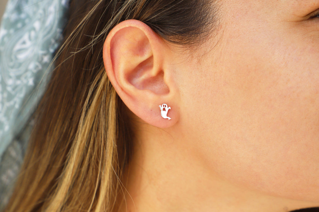 Ethereal Glam Ghost Stud Earrings with Dazzling Crystal Accents