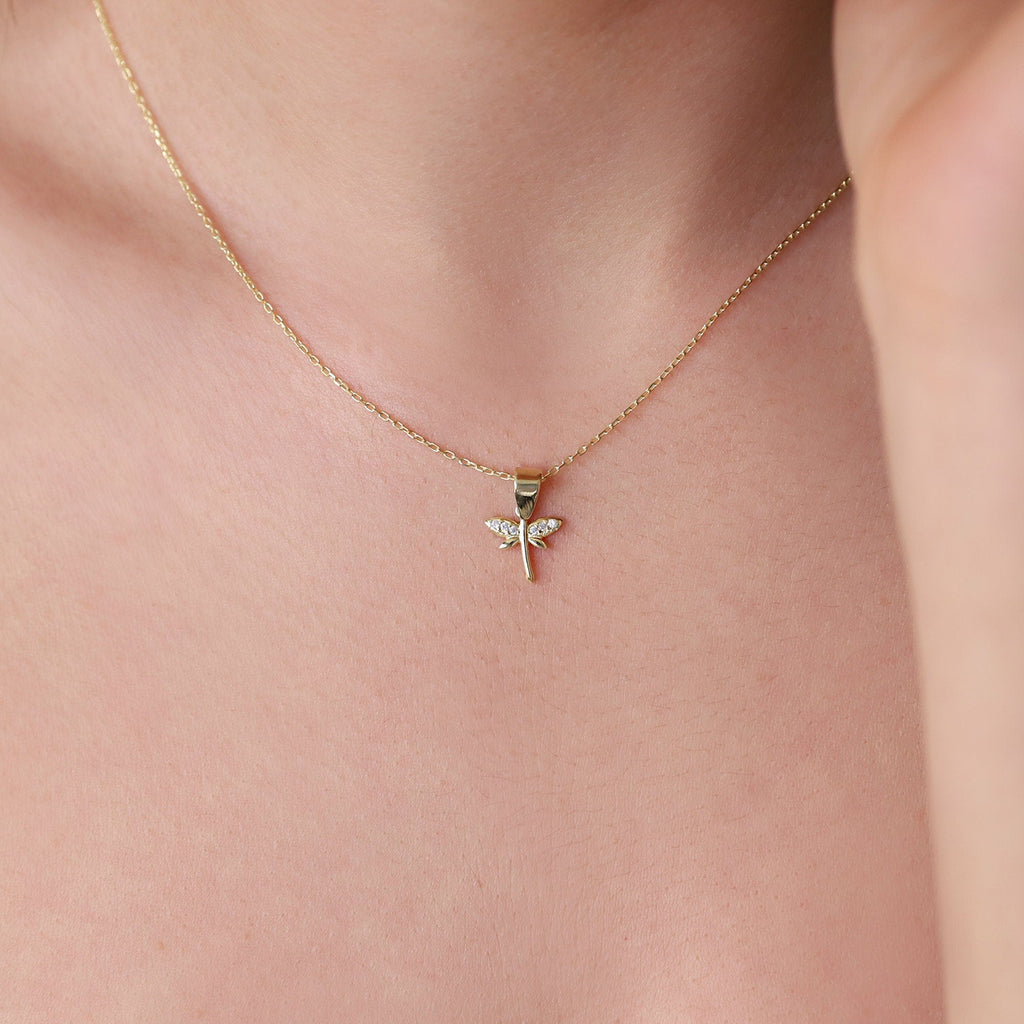 Dainty Gold Dragonfly Necklace | Minimalist 14K CZ Pendant | Elegant Gift for Her