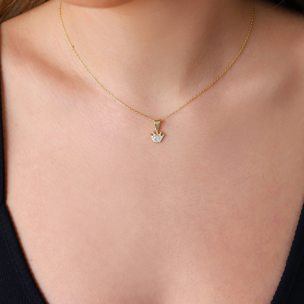 Princess Crown Necklace for Women - Gold Filled CZ Diamond Charm - Perfect Wedding or Birthday Gift