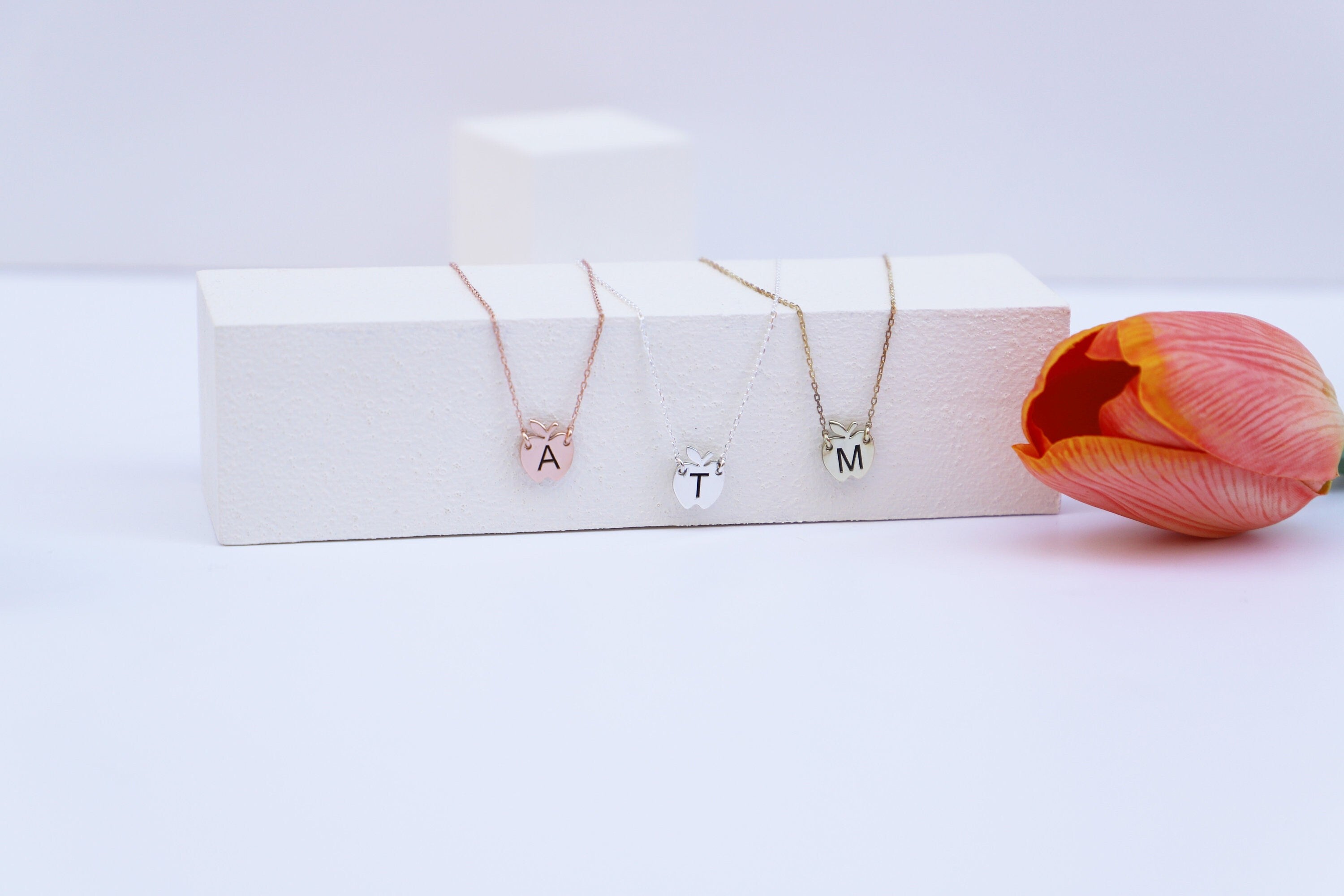 Apple Initial Necklace | Gold & Silver Personalized Letter Jewelry | Meaningful Gift for Birthdays & Special Moments