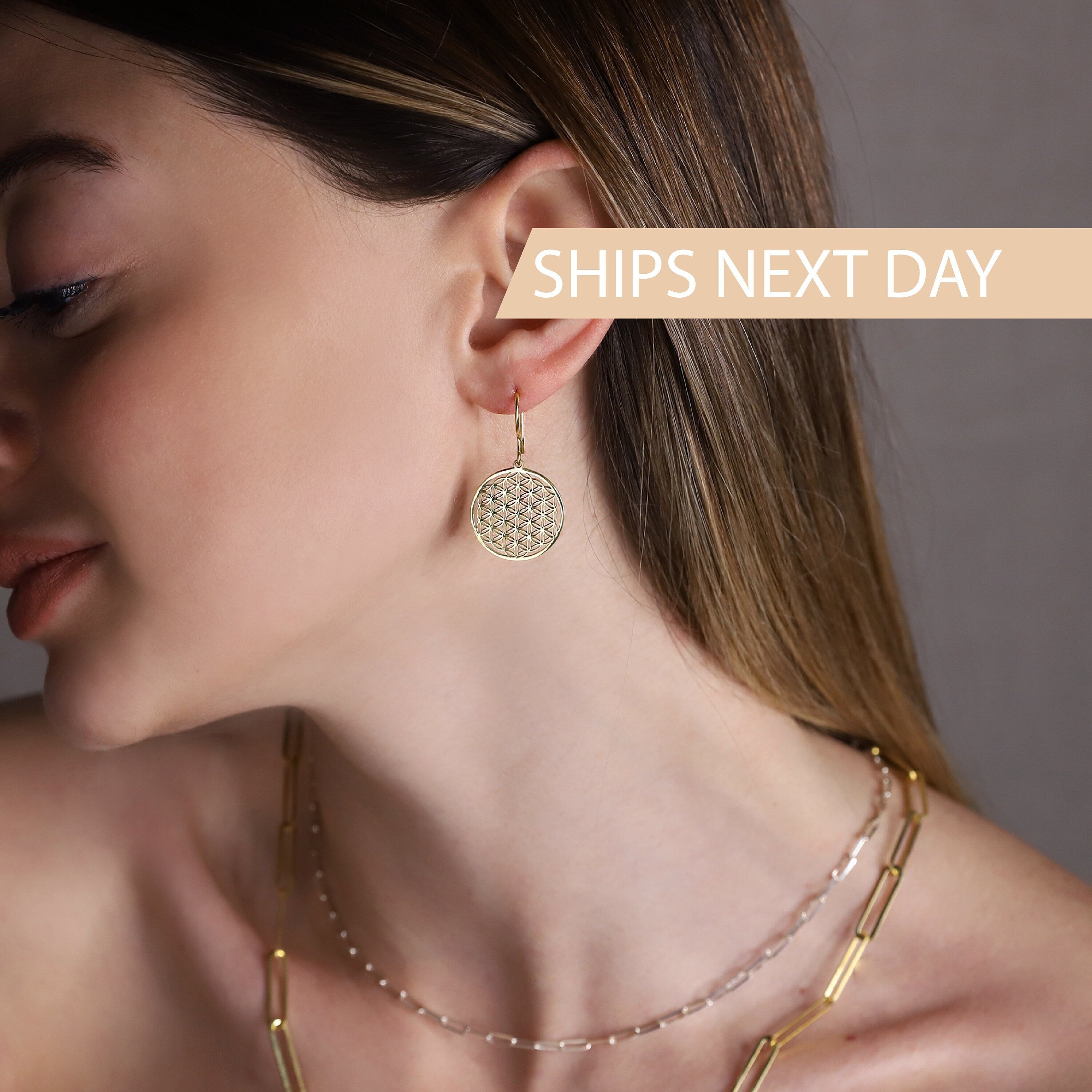 Radiant Flower of Life Earrings: Exquisite Gold, Rose, and Sterling Silver Design
