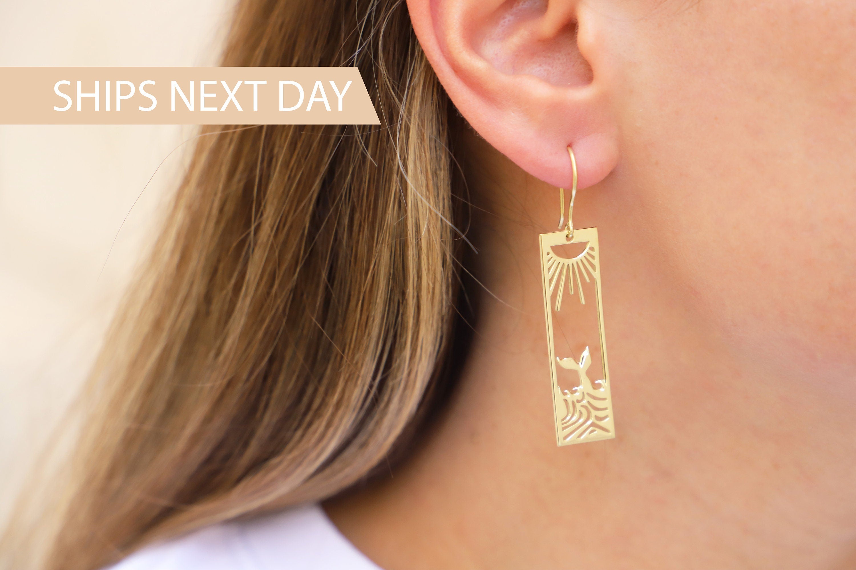 Sunshine Co. Sunrise Wave Dangle Earrings - Gold Boho Rectangle Drops for Women