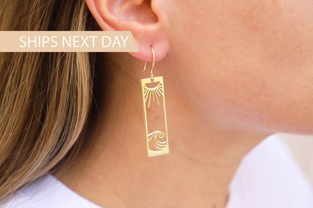 Sunshine Co. Sunrise Wave Dangle Earrings - Gold Boho Rectangle Drops for Women
